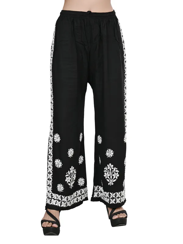 Black_Rayon_Lucknowi_Chikankari_Hand_Embroided_Plazzo_For_Women