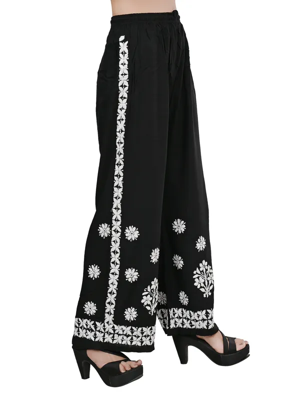 Black_Rayon_Lucknowi_Chikankari_Hand_Embroided_Plazzo_For_Women