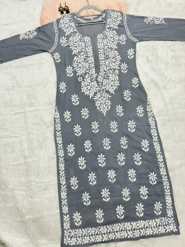 Grey_Cotton_Lucknowi_Chikankari_Hand_Embroided_Kurti_For_Women
