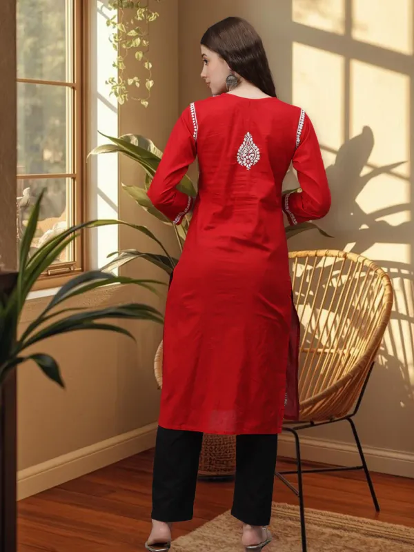 Haya_Red_Lucknowi_Chikankari_Cotton_Straight_Kurti