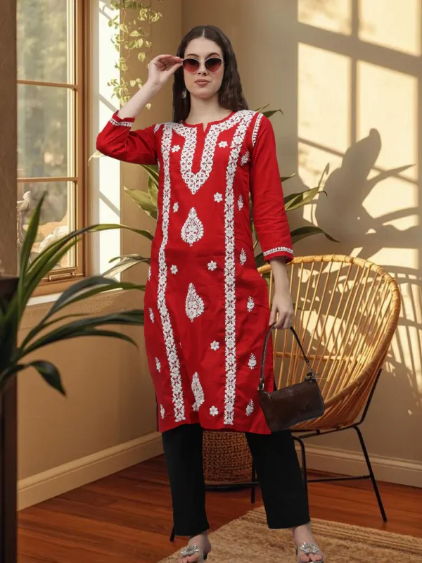 Haya_Red_Lucknowi_Chikankari_Cotton_Straight_Kurti