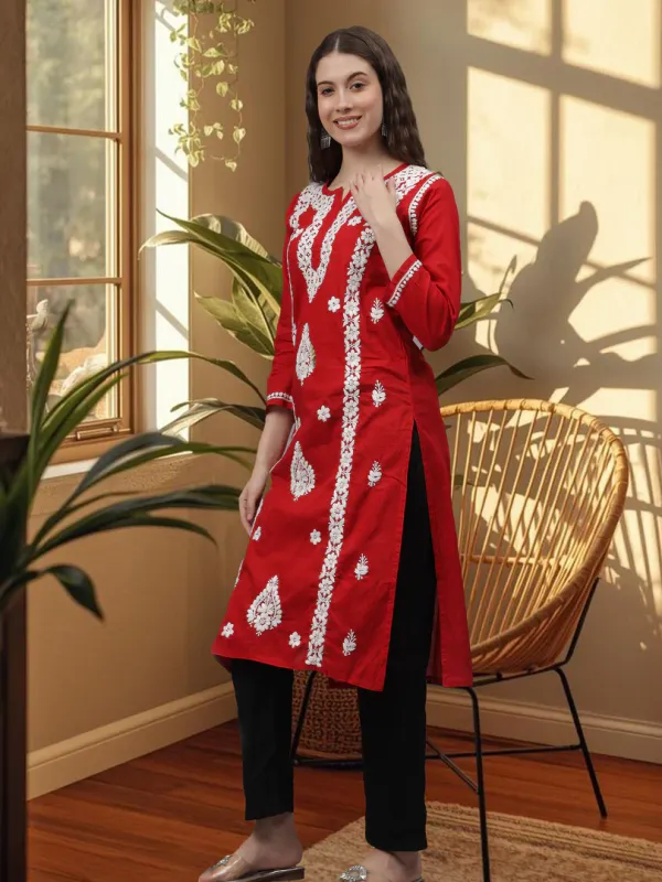 Haya_Red_Lucknowi_Chikankari_Cotton_Straight_Kurti