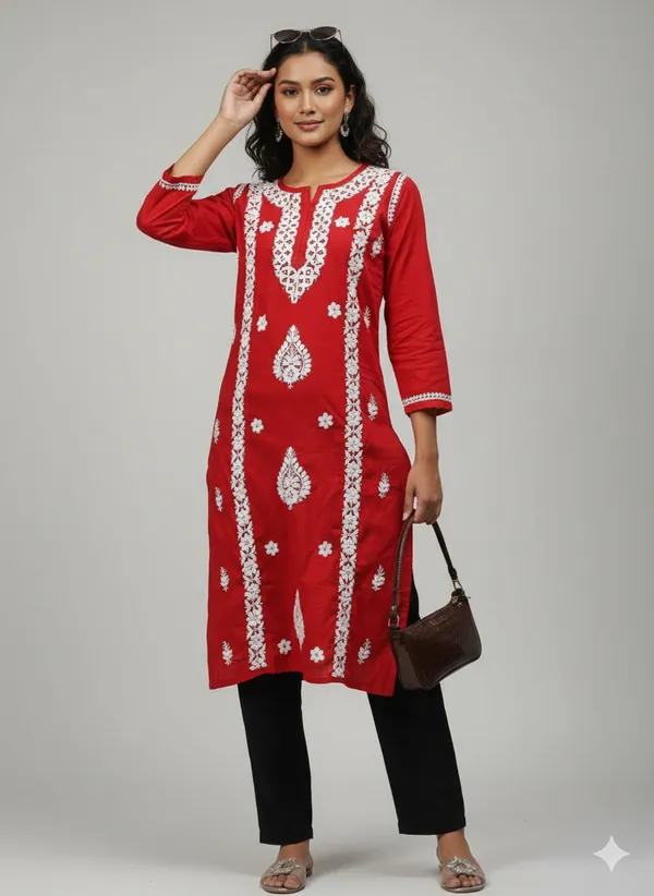Haya_Red_Lucknowi_Chikankari_Cotton_Straight_Kurti