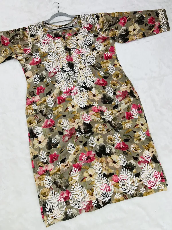 Khaki_green_Premium_Mul_Cotton_Printed_Straight_Kurti