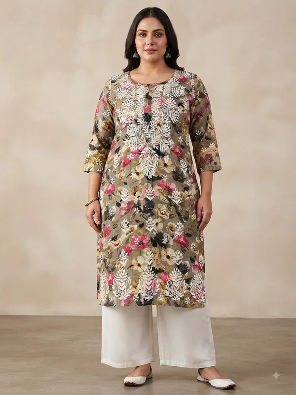 Khaki_green_Premium_Mul_Cotton_Printed_Straight_Kurti