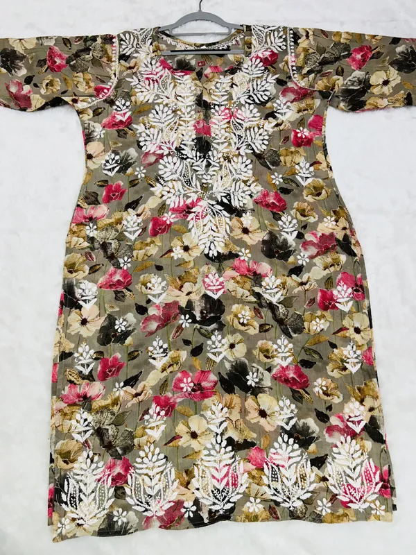 Khaki_green_Premium_Mul_Cotton_Printed_Straight_Kurti