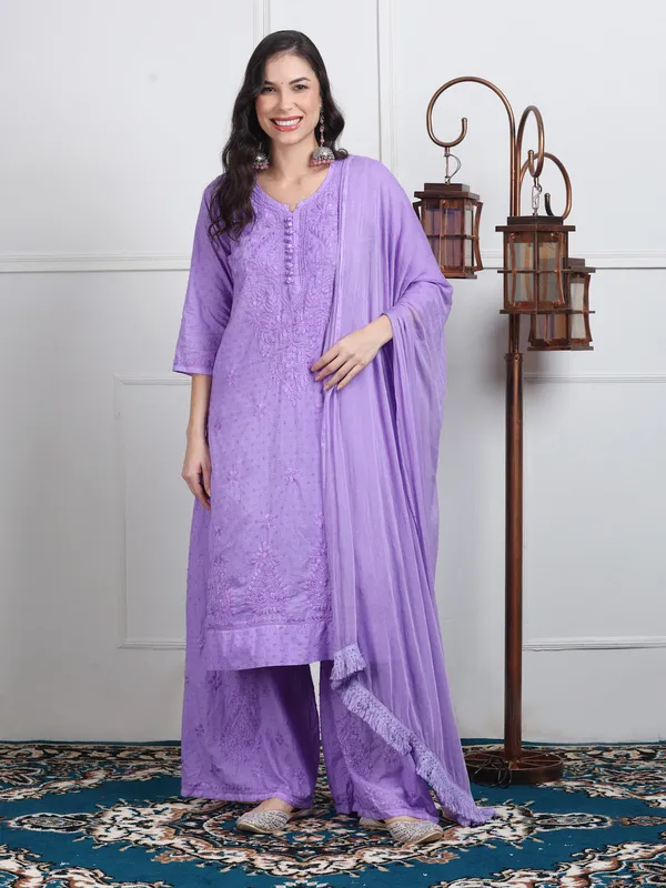 Lavender_Dobby_Cotton_Chikankari_Kurti_Palazzo_Set_with_Chiffon_Lace_Border_Dupatta