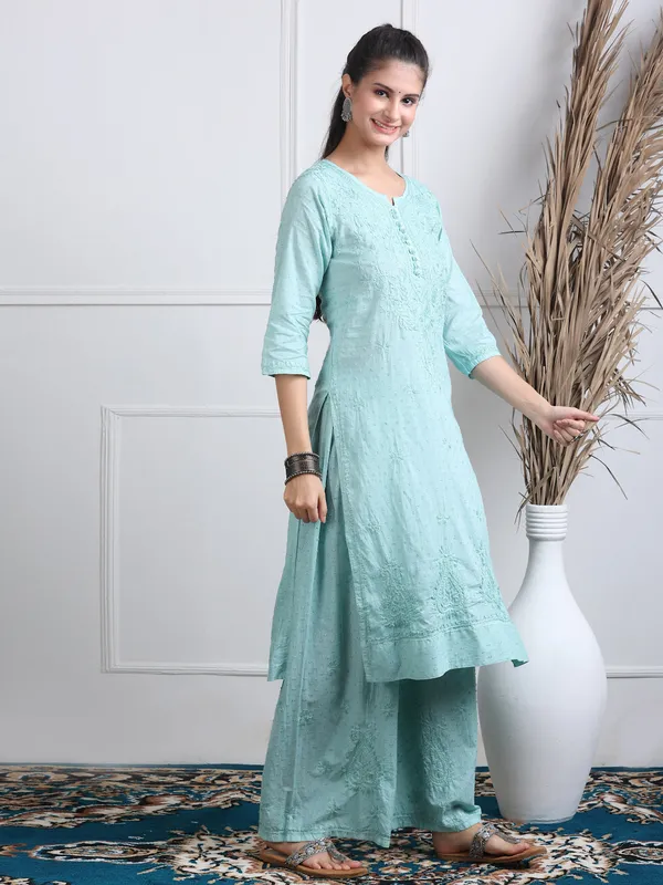 Mint_Green_Dobby_Cotton_Chikankari_Kurti_Palazzo_Set_with_Chiffon_Lace_Border_Dupatta
