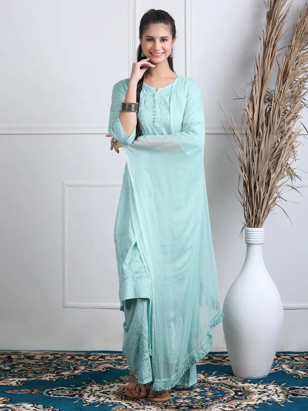 Mint_Green_Dobby_Cotton_Chikankari_Kurti_Palazzo_Set_with_Chiffon_Lace_Border_Dupatta