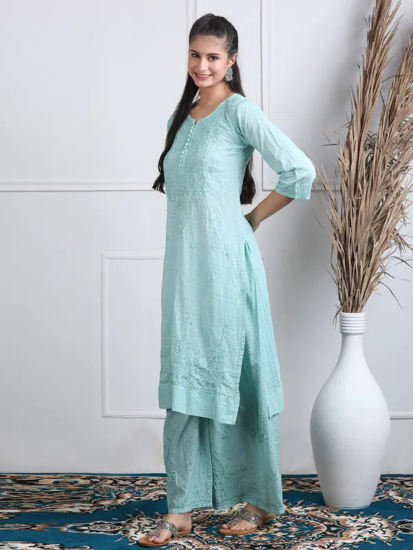 Mint_Green_Dobby_Cotton_Chikankari_Kurti_Palazzo_Set_with_Chiffon_Lace_Border_Dupatta