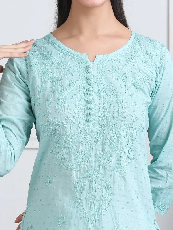 Mint_Green_Dobby_Cotton_Chikankari_Kurti_Palazzo_Set_with_Chiffon_Lace_Border_Dupatta