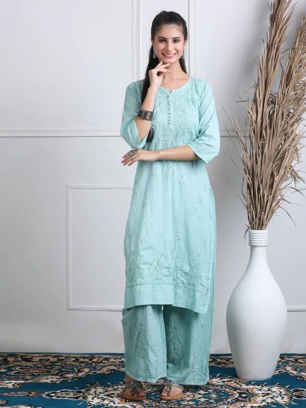 Mint_Green_Dobby_Cotton_Chikankari_Kurti_Palazzo_Set_with_Chiffon_Lace_Border_Dupatta