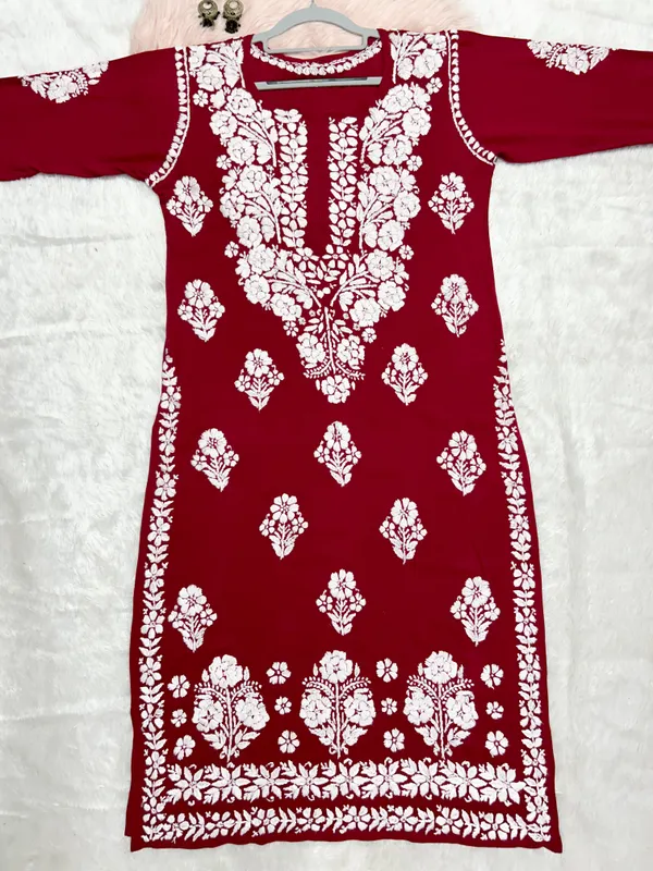Maroon_Modal_Lucknowi_Chikankari_Hand_Embroided_Kurti_For_Women