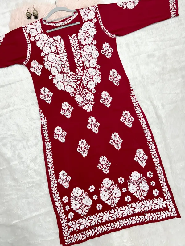 Maroon_Modal_Lucknowi_Chikankari_Hand_Embroided_Kurti_For_Women