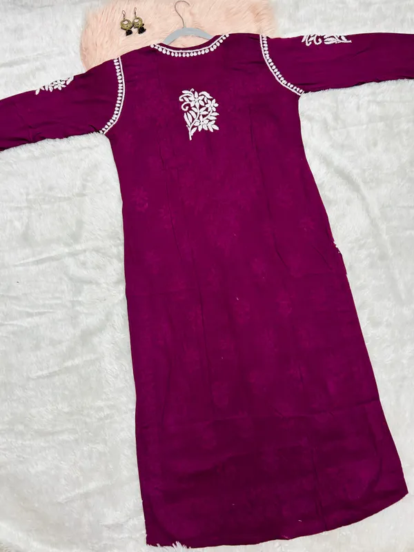 Wine_Cotton_Lucknowi_Chikankari_Hand_Embroided_Kurti_For_Women
