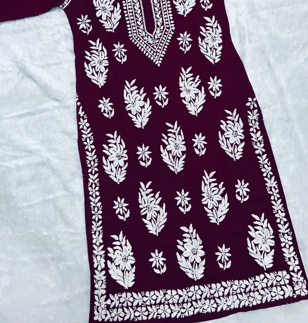 Wine_Cotton_Lucknowi_Chikankari_Hand_Embroided_Kurti_For_Women