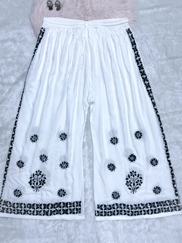 White_Rayon_Lucknowi_Chikankari_Hand_Embroided_Plazzo_For_Women