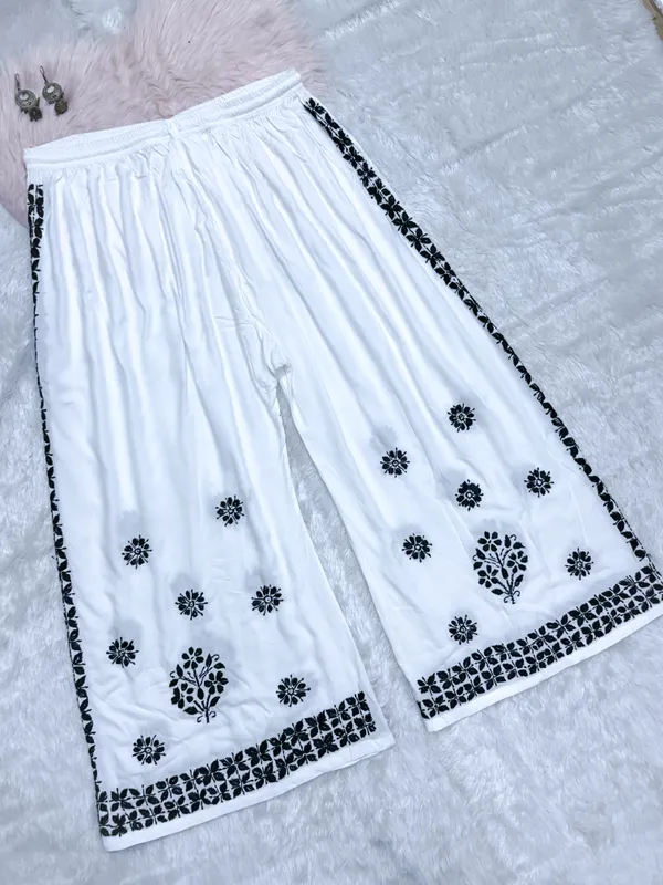 White_Rayon_Lucknowi_Chikankari_Hand_Embroided_Plazzo_For_Women