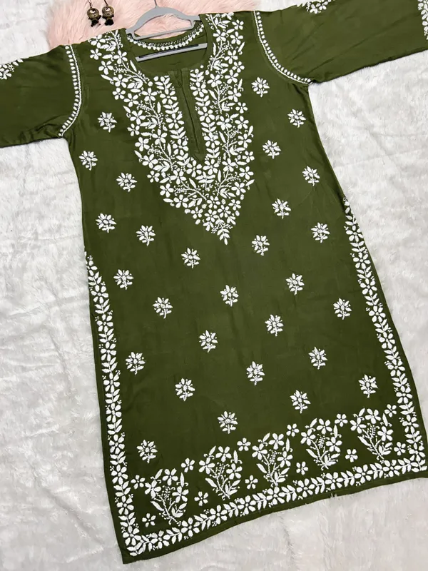 Mehndi_Green_Rayon_Lucknowi_Chikankari_Hand_Embroided_Kurti_For_Women