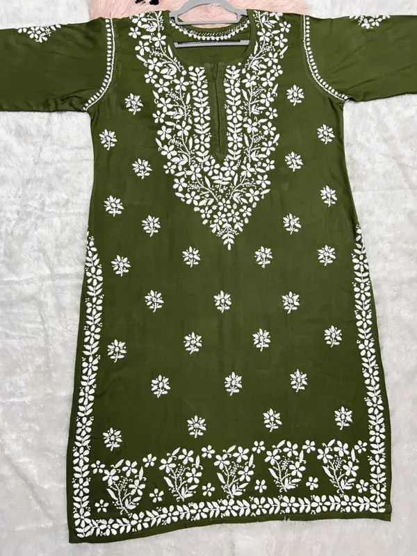 Mehndi_Green_Rayon_Lucknowi_Chikankari_Hand_Embroided_Kurti_For_Women