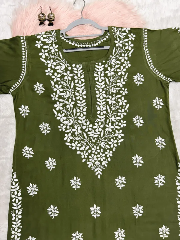 Mehndi_Green_Rayon_Lucknowi_Chikankari_Hand_Embroided_Kurti_For_Women