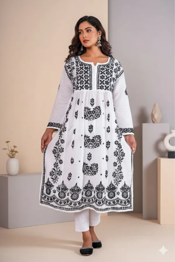 Zara_Cotton_Nayera-Cut_Lucknowi_Chikankari_Kurti_–_Black_on_White