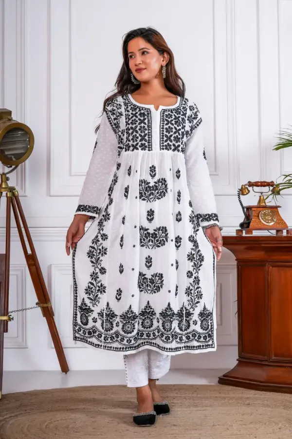 Zara_Cotton_Nayera-Cut_Lucknowi_Chikankari_Kurti_–_Black_on_White
