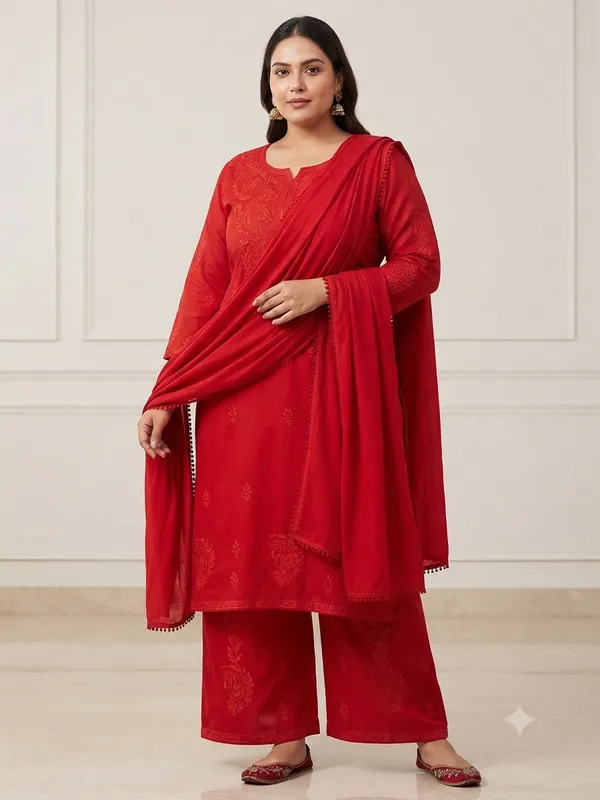 Red_Rayon_Chikankari_Palazzo_Set_with_Lace_Dupatta