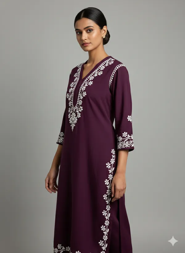 Rayon_Chikankari_Kurti_with_Stylish_V-Neck_|_Hand_Embroidered_Lucknowi_Kurta