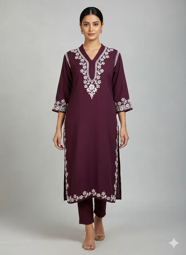 Rayon_Chikankari_Kurti_with_Stylish_V-Neck_|_Hand_Embroidered_Lucknowi_Kurta