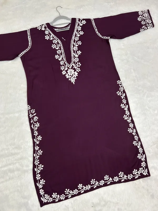 Rayon_Chikankari_Kurti_with_Stylish_V-Neck_|_Hand_Embroidered_Lucknowi_Kurta