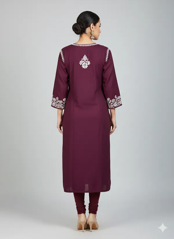 Rayon_Chikankari_Kurti_with_Stylish_V-Neck_|_Hand_Embroidered_Lucknowi_Kurta