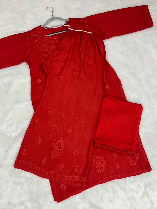 Red_Rayon_Chikankari_Palazzo_Set_with_Lace_Dupatta