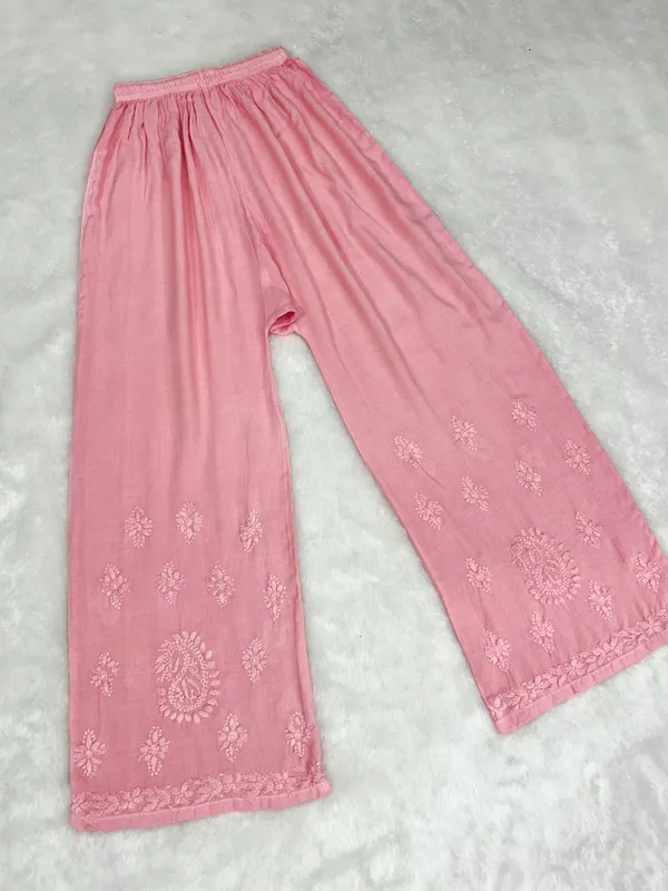 Peach_Rayon_Chikankari_Palazzo_Set_with_Lace_Dupatta