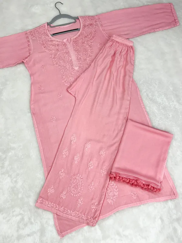 Peach_Rayon_Chikankari_Palazzo_Set_with_Lace_Dupatta