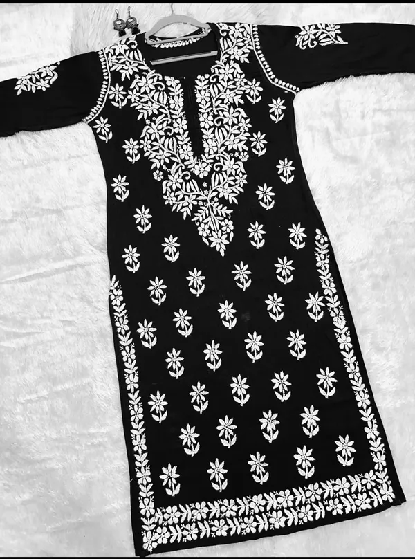 Black_Cotton_Lucknowi_Chikankari_Hand_Embroided_Kurti_For_Women