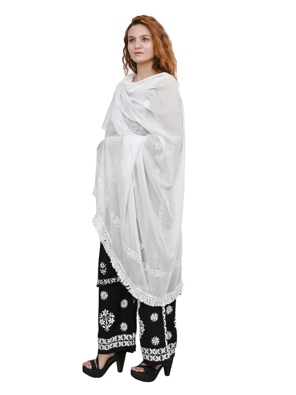 White_Mul_Cotton_Lucknowi_Chikankari_Hand_Embroided_Dupatta_For_Women
