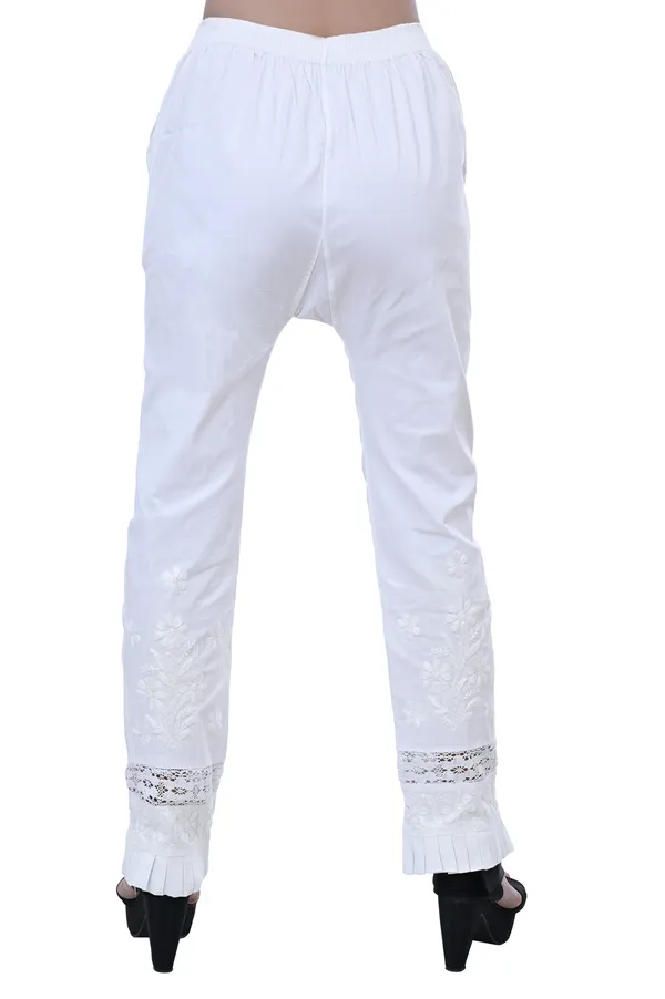 White_Lycra_Cotton_Lucknowi_Chikankari_Hand_Embroided_Straight__Pant_For_Women