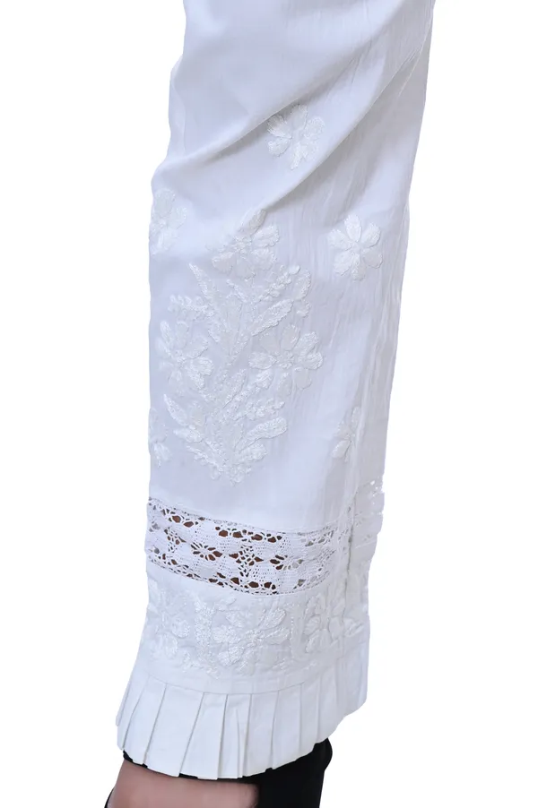 White_Lycra_Cotton_Lucknowi_Chikankari_Hand_Embroided_Straight__Pant_For_Women