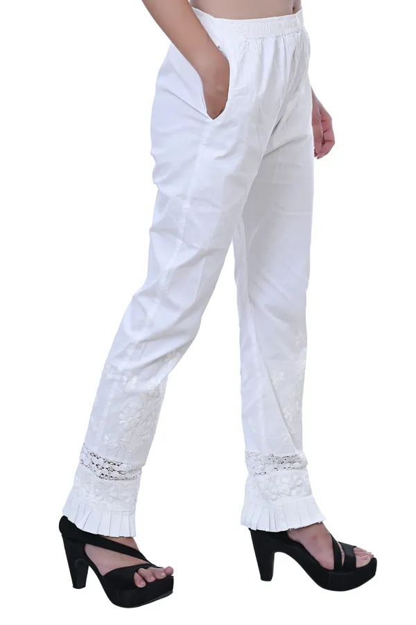 White_Lycra_Cotton_Lucknowi_Chikankari_Hand_Embroided_Straight__Pant_For_Women