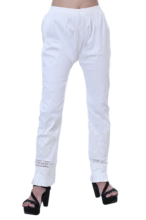 White_Lycra_Cotton_Lucknowi_Chikankari_Hand_Embroided_Straight__Pant_For_Women