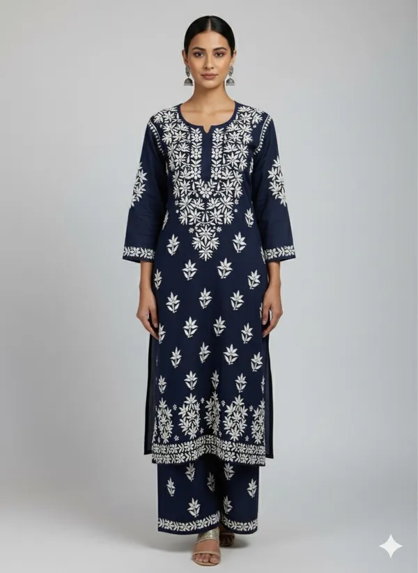 Modal_Lucknowi_Chikankari_Hand_Embroided_Kurti_With_Plazzo_For_Women