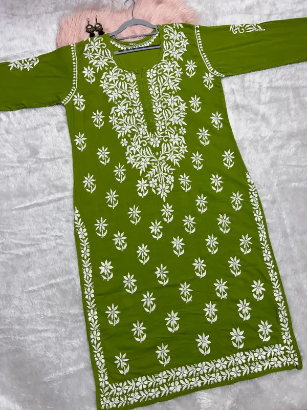 Green_Cotton_Lucknowi_Chikankari_Hand_Embroided_Kurti_For_Women