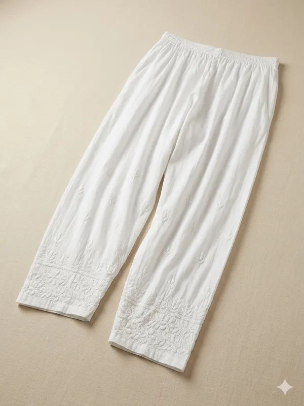 White_Lucknowi_Chikankari_Pant_Premium_Embroidered_Ethnic_Wear