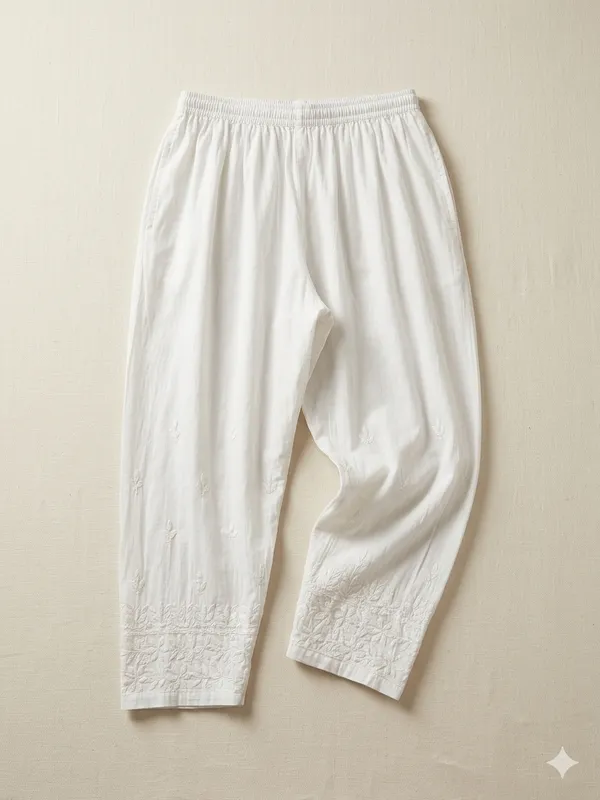 White_Lucknowi_Chikankari_Pant_Premium_Embroidered_Ethnic_Wear