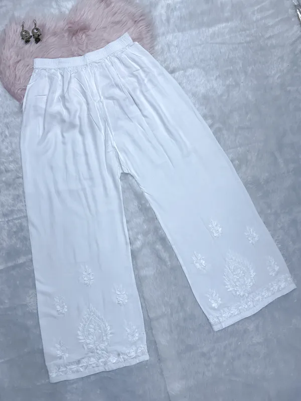 White_Rayon_Lucknowi_Chikankari_Hand_Embroided_Palazzo_For_Women