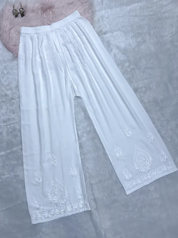 White_Rayon_Lucknowi_Chikankari_Hand_Embroided_Palazzo_For_Women