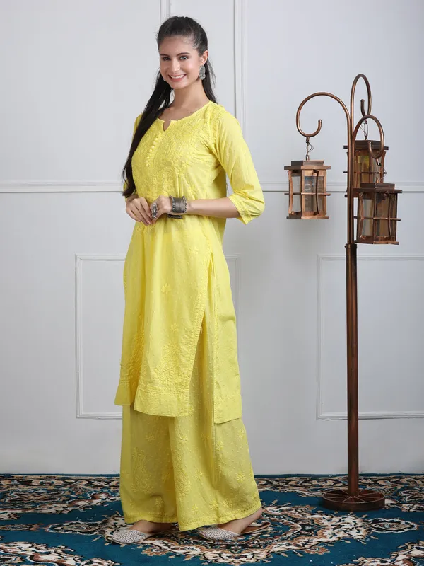 Yellow_Dobby_Cotton_Chikankari_Kurti_Palazzo_Set_with_Chiffon_Lace_Border_Dupatta