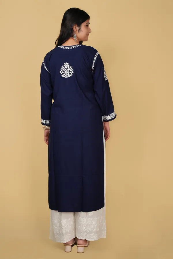 Khushi_Navy_Blue_Rayon_Lucknowi_Chikankari_Hand_Embroided_Kurti_For_Women