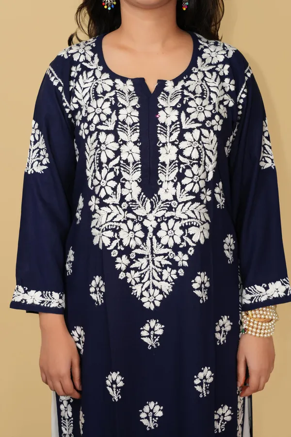 Khushi_Navy_Blue_Rayon_Lucknowi_Chikankari_Hand_Embroided_Kurti_For_Women